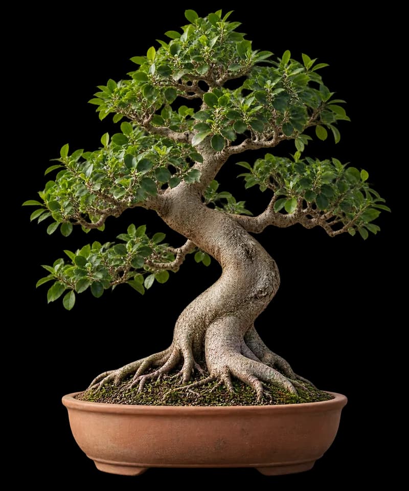 Ficus microcarpa em vaso de bonsai sobre uma bancada