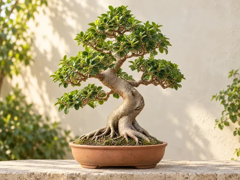 Ficus da balcone in un vaso di terracotta, su un piano di lavoro leggero