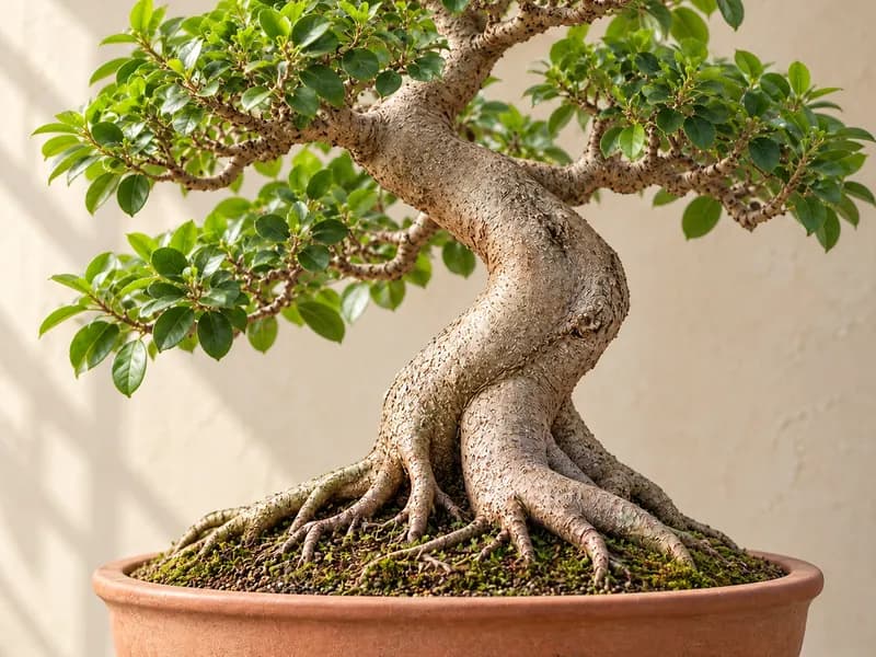 Detalhe do tronco curvo e das raízes do Ficus da varanda